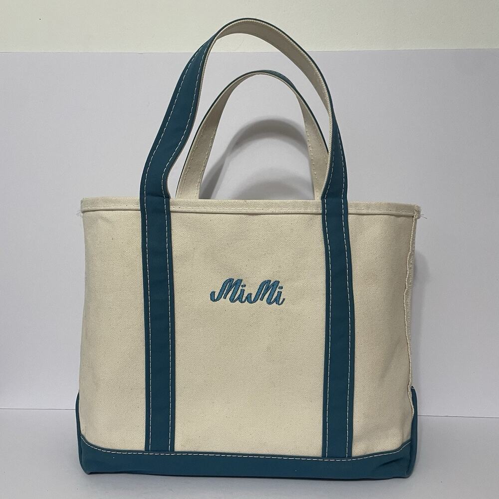 LL Bean Boat and Tote Canvas Bag Meduim USA Teal Blue Embroidered MiMi -See Pics